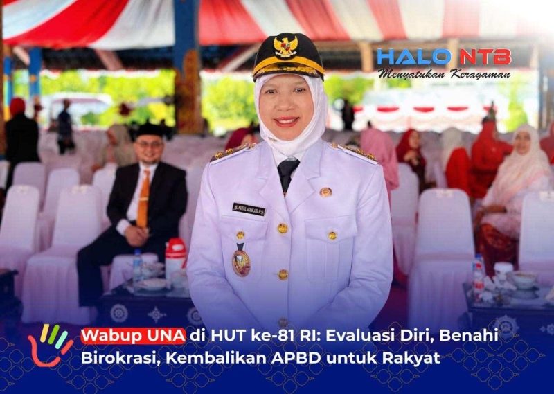 Wakil Bupati Lombok Barat Hj. Nurul Adha (UNA) tampak khidmat usai mengikuti upacara detik-detik proklamasi HUT ke-81 RI di Bencingah Agung, Senin (17/8/2026).(Foto: Istimewa)