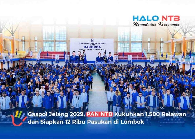 Foto bersama Ketua DPW PAN NTB, Ketua DPD PAN (Lombok Barat, Kota Mataram, dan Lombok Utara), pengurus DPC PAN, beserta jajaran dan ribuan relawan usai acara Pelantikan Relawan dan Rapat Kerja Daerah (Rakerda) PAN di GOR Tripat, Gerung, Lombok Barat, Sabtu (1/8/2026).(Foto: Istimewa)