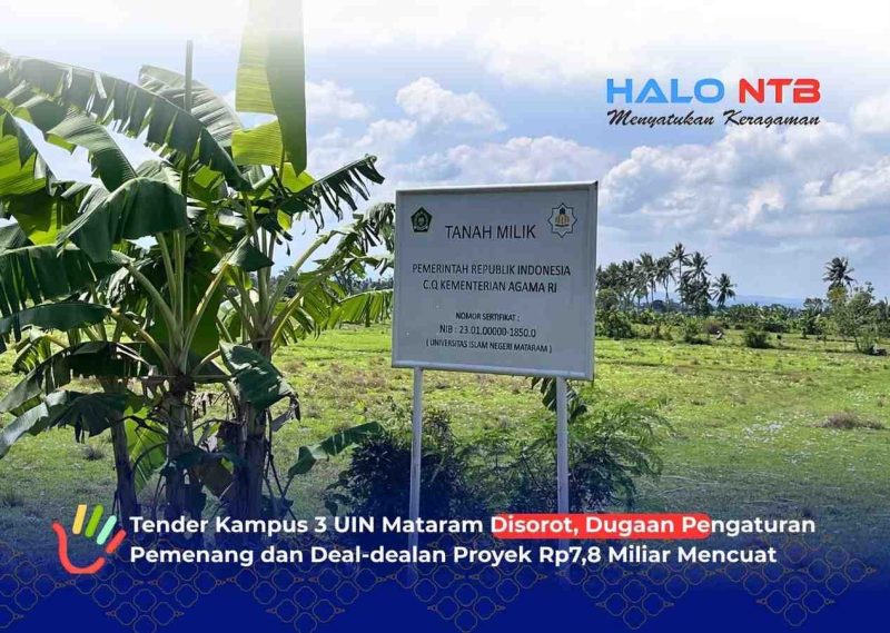 Papan plang penanda kepemilikan lahan Kementerian Agama RI di lokasipembangunan Kampus 3 UIN Mataram, Desa Gapuk, Kabupaten Lombok Barat.(Foto: Halo NTB)