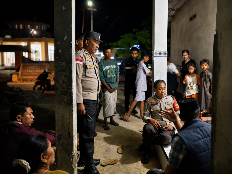 Aparat Polsek Sekotong turun langsung menemui warga untuk mengklarifikasi isu penculikan yang ternyata merupakan kasus curas bermodus bantuan sembako, Lombok Barat, NTB.(Foto: Istimewa)