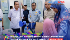 Wakil Bupati Lombok Barat Hj. Nurul Adha (UNA) bersama Menteri Perhubungan RI Dudy Purwagandhi dan Gubernur NTB Lalu Muhammad Iqbal menjenguk korban kebakaran KMP Putri Yasmin yang dirawat di RSUD Tripat, Gerung, Lombok Barat, Rabu (12/8/2026).(Foto: Istimewa)