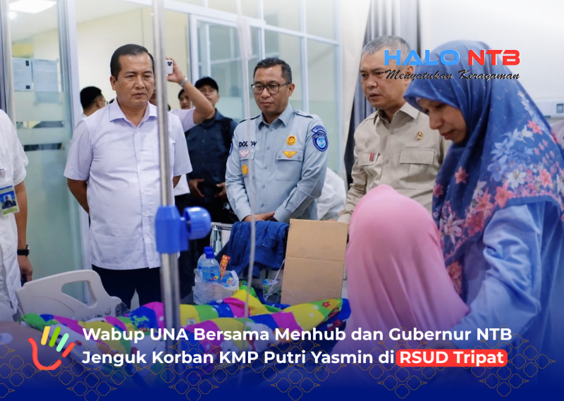 Wakil Bupati Lombok Barat Hj. Nurul Adha (UNA) bersama Menteri Perhubungan RI Dudy Purwagandhi dan Gubernur NTB Lalu Muhammad Iqbal menjenguk korban kebakaran KMP Putri Yasmin yang dirawat di RSUD Tripat, Gerung, Lombok Barat, Rabu (12/8/2026).(Foto: Istimewa)