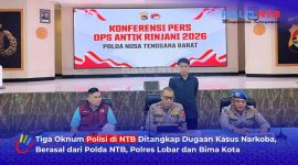 Jajaran Polda NTB menggelar konferensi pers terkait hasil Operasi Antik Rinjani 2026 di Mapolda NTB, Selasa (11/8/2026), yang mengungkap 129 kasus narkotika sekaligus penangkapan tiga oknum anggota Polri.(Foto: Istimewa)