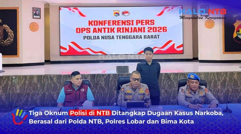 Jajaran Polda NTB menggelar konferensi pers terkait hasil Operasi Antik Rinjani 2026 di Mapolda NTB, Selasa (11/8/2026), yang mengungkap 129 kasus narkotika sekaligus penangkapan tiga oknum anggota Polri.(Foto: Istimewa)