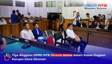 Tiga anggota DPRD NTB, yakni Hamdan Kasim (depan), M. Nashib Ikroman (belakang kanan) dan Indra Jaya Usman (belakang kiri) saat menjalani sidang pembacaan putusan perkara dugaan korupsi dana siluman di Pengadilan Tipikor Negeri Mataram, Rabu (5/8/2026).