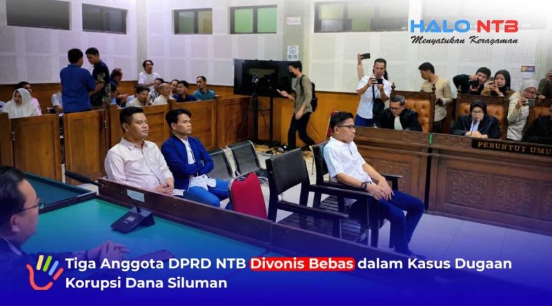 Tiga anggota DPRD NTB, yakni Hamdan Kasim (depan), M. Nashib Ikroman (belakang kanan) dan Indra Jaya Usman (belakang kiri) saat menjalani sidang pembacaan putusan perkara dugaan korupsi dana siluman di Pengadilan Tipikor Negeri Mataram, Rabu (5/8/2026).