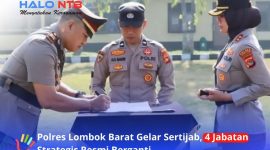 Kapolres Lombok Barat AKBP Mellysa Amalia (kanan) menyaksikan penandatanganan naskah serah terima jabatan dalam rangkaian Sertijab empat jabatan strategis di Polres Lombok Barat, Selasa (22/9/2026).(Foto: Polres Lobar).