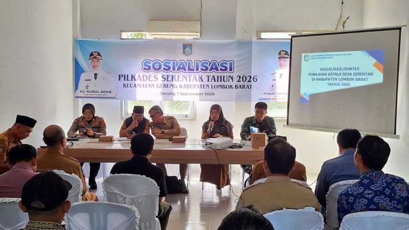 Suasana kegiatan Sosialisasi/Bimtek Pemilihan Kepala Desa Serentak Tahun 2026 di Kecamatan Gerung, Kabupaten Lombok Barat, yang digelar di Aula Kantor Camat Gerung, Senin (1/9/2026).(Foto: Diskominfotik Lobar).