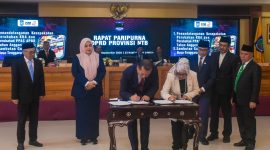 Gubernur NTB Lalu Muhamad Iqbal bersama Ketua DPRD NTB Baiq Isvie Rupaeda menandatangani Nota Kesepakatan Perubahan KUA dan PPAS APBD Tahun Anggaran 2026 dalam Rapat Paripurna DPRD Provinsi NTB, Jumat (4/9/2026).(Foto: Istimewa)