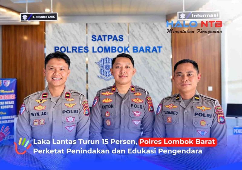 Jajaran Satlantas Polres Lombok Barat: Kasatlantas Iptu Anton Prasetya Wijaya (tengah) bersama Kanit Laka Ipda Wayan Adi Dharma (kiri) dan Kanit Regident Ipda Yuswanto (kanan), Senin (14/9/2026).(Foto: Halo NTB)