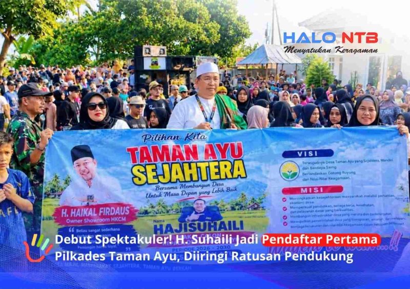 H. Suhaili (tengah) diantar ratusan pendukung dan simpatisan saat mendaftar sebagai bakal calon Kepala Desa Taman Ayu, Kecamatan Gerung, Lombok Barat, Jumat (2/10/2026).(Foto: Istimewa)