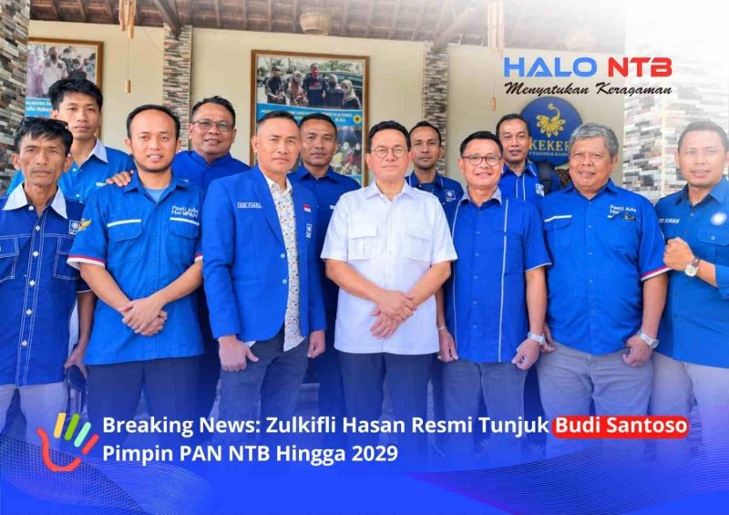 Budi Santoso (tengah) yang ditunjuk sebagai Ketua DPW PAN NTB berpose bersama pengurus DPD PAN Lombok Barat usai agenda silaturahmi dan konsolidasi di Lombok Tengah, Selasa (13/10/2026).(Foto: Halo NTB).