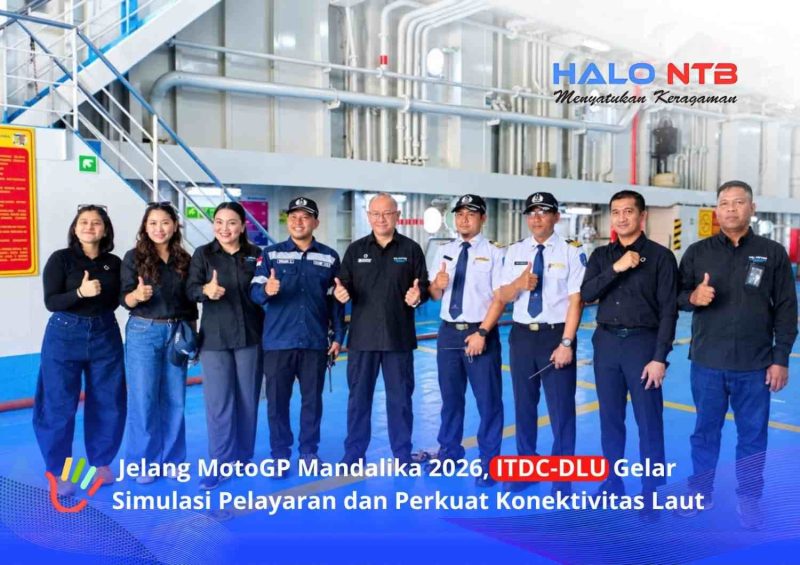 Foto bersama jajaran ITDC dan DLU usai melaksanakan simulasi angkutan pelayaran untuk memperkuat konektivitas transportasi menuju MotoGP Mandalika 2026 di Pelabuhan PDS Lembar, Lombok Barat, Selasa (6/10/2026).(Foto: Halo NTB)