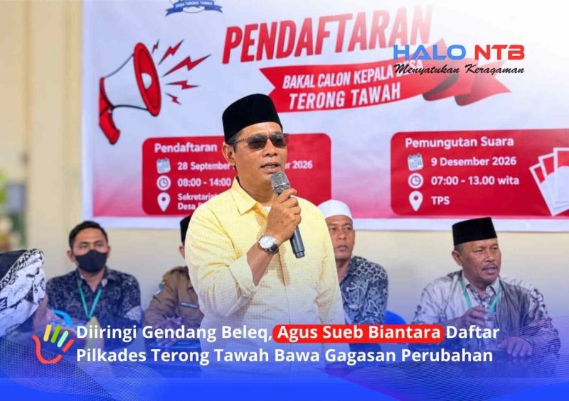 Bakal calon Kepala Desa Terong Tawah, Agus Sueb Biantara, saat menyampaikan paparan usai mendaftar di sekretariat panitia Pilkades, Senin (5/10/2026).(Foto: Halo NTB/Taufik)