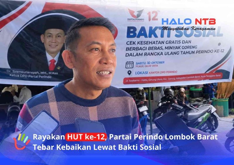 Ketua DPD Partai Perindo Lombok Barat, Dr. Syamsuriansyah, M.M., M.Kes., saat diwawancarai sejumlah awak media usai kegiatan bakti sosial HUT ke-12 Perindo di Gerung, Sabtu (10/10/2026).(Foto: Istimewa)